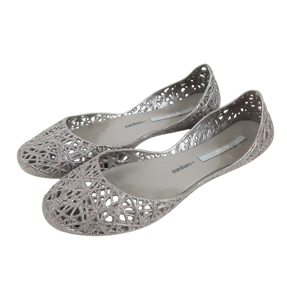 Melissa Campana Ultra Gel Silver Glitter Ballet Flats Womens 7 Laser Cut Bridal